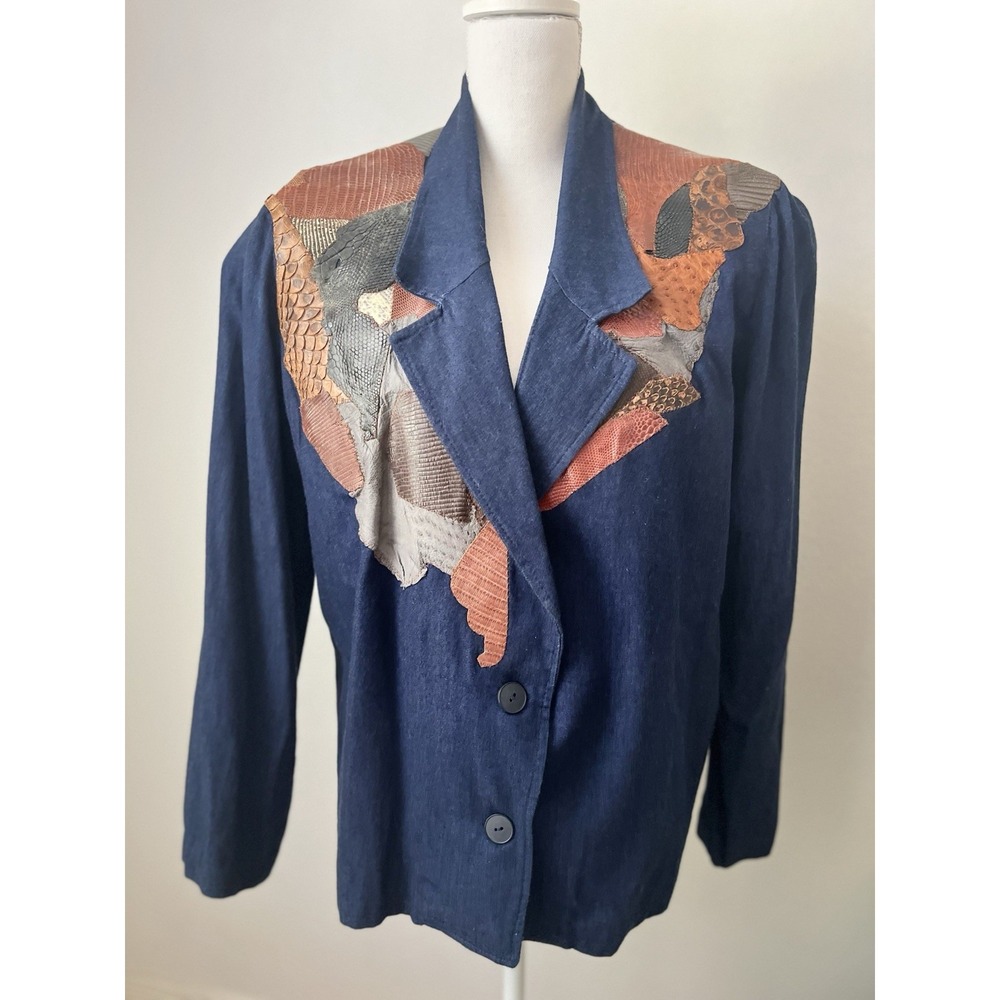 Vintage 80s Denim Patchwork Blazer Jacket Large L Cowgirl Animal Print Novelty